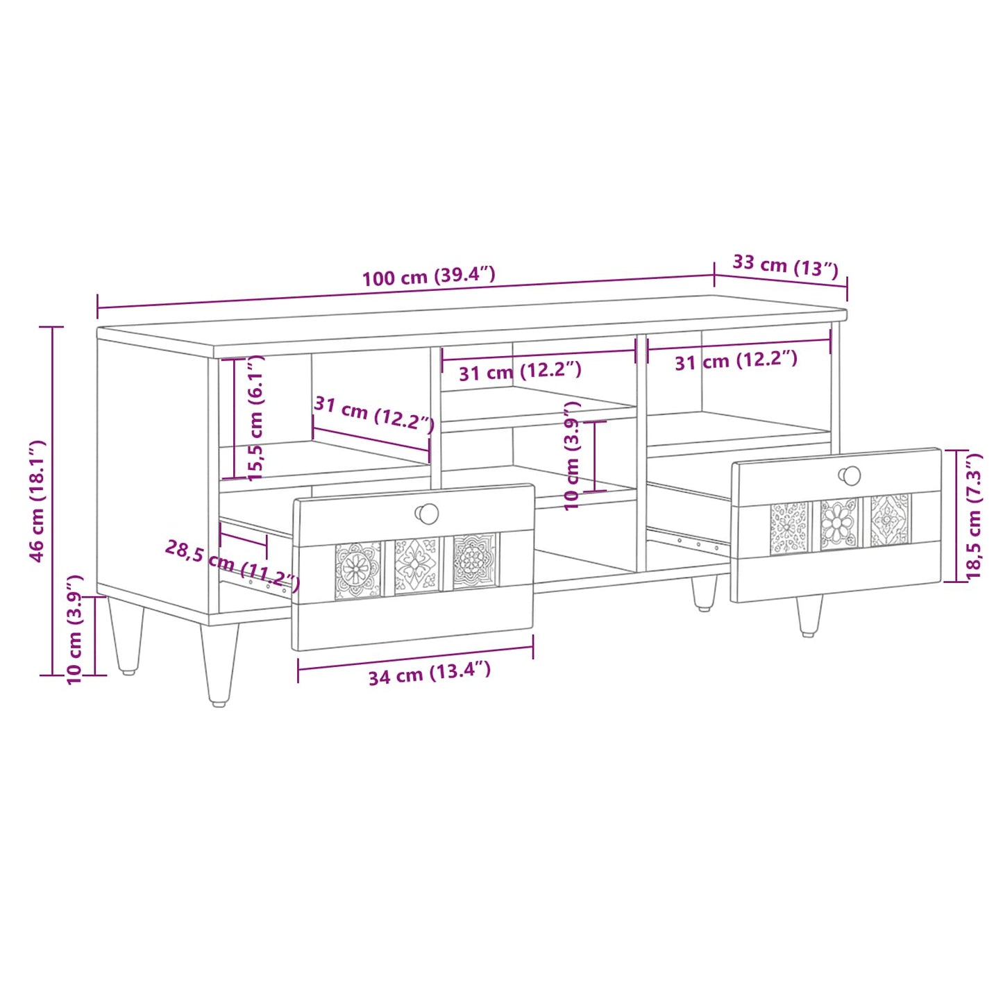 Mobile TV Naturale 100 x 33 x 46 cm Legno di mango massello
