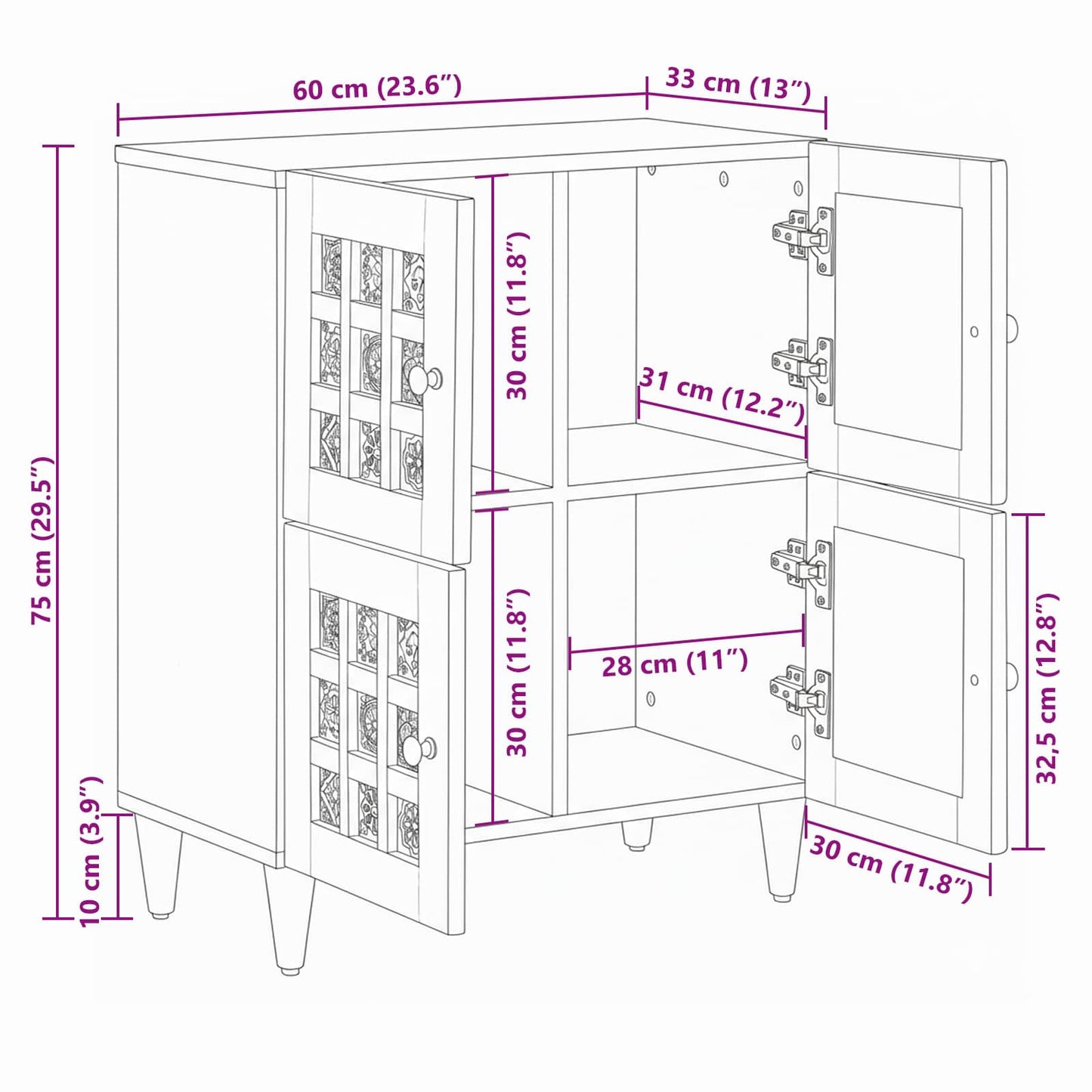 Credenza Naturale 60 x 33 x 75 cm Legno di mango massello