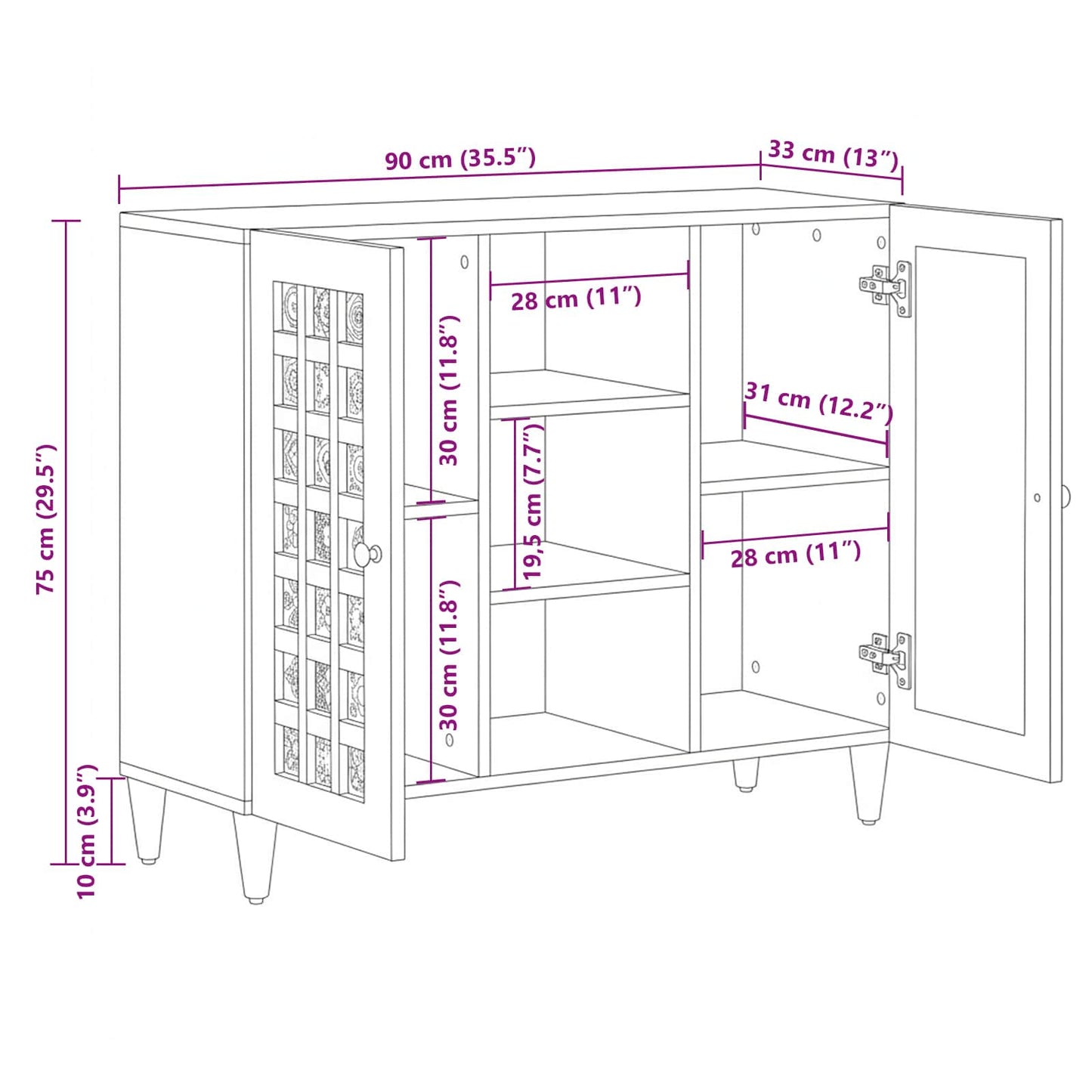 Credenza Naturale 90 x 33 x 75 cm Legno di mango massello | homemem39