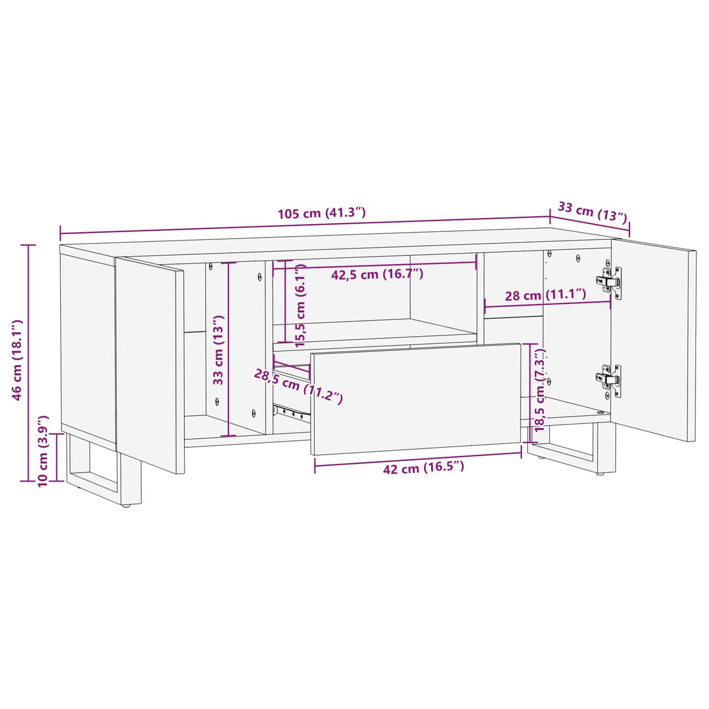 Mobile TV Marrone 105 x 33 x 46 cm Legno di mango massello