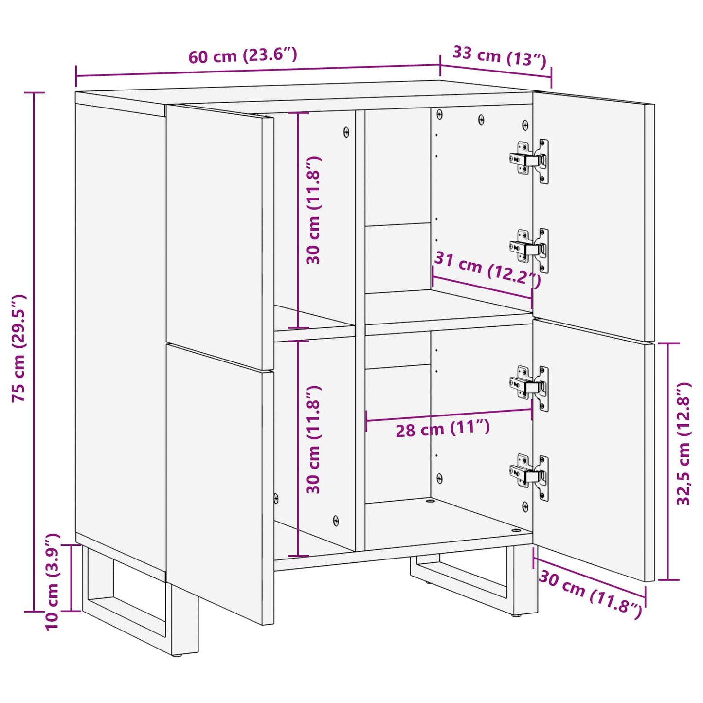 Mobile laterale Marrone 60 x 33 x 75 cm Legno di mango massello