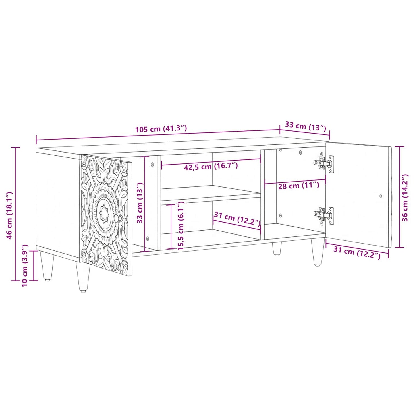 Mobile TV Marrone 105 x 33,5 x 46 cm Legno di mango massello
