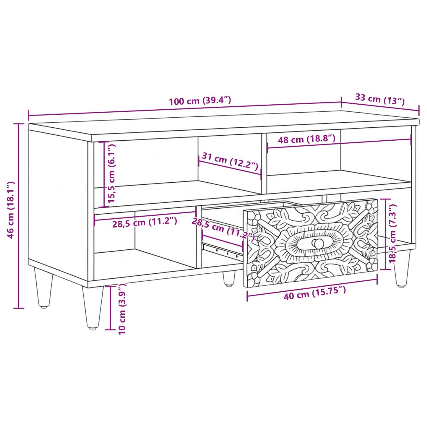 Mobile TV Marrone 100 x 33,5 x 46 cm Legno di mango massello