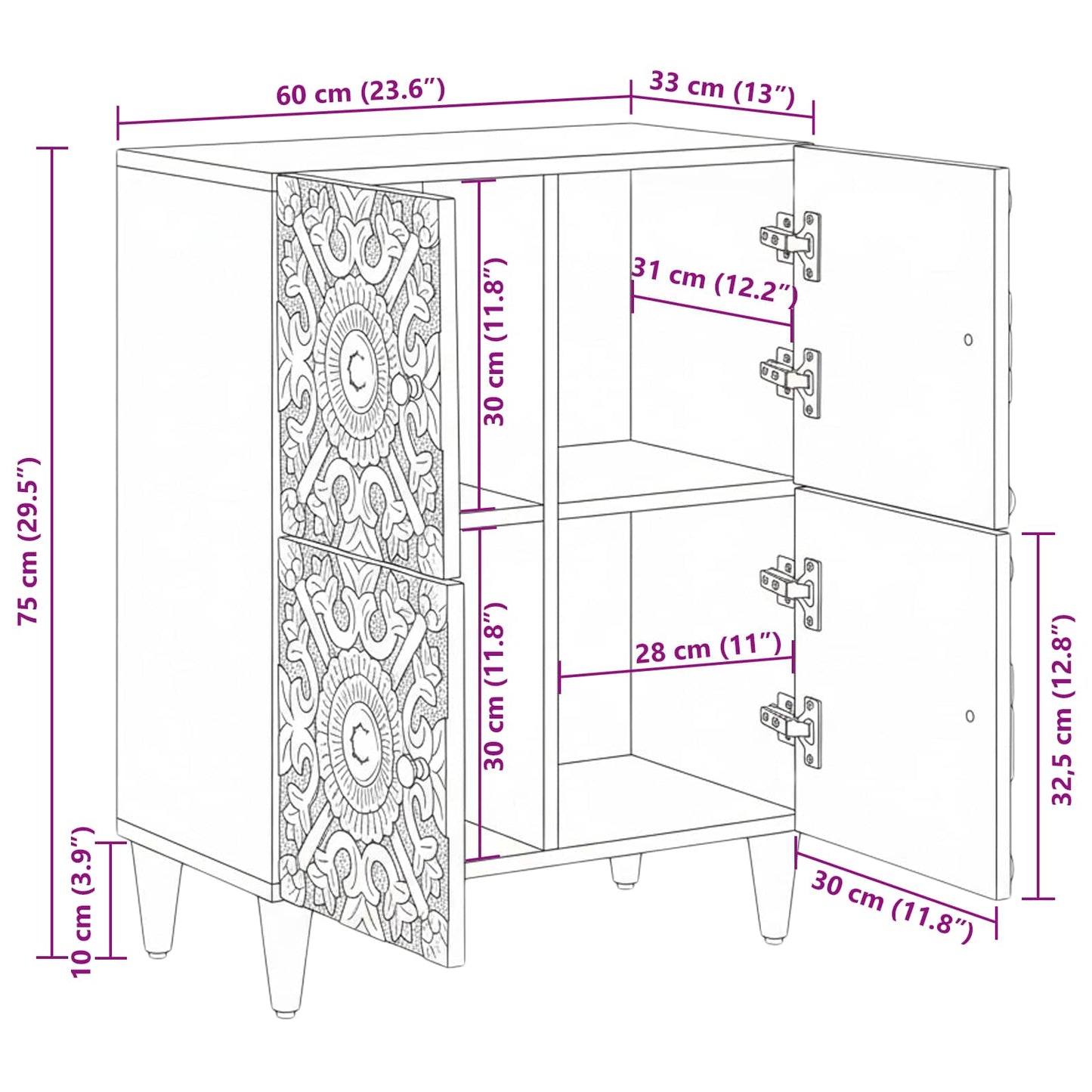 Credenza Marrone 60 x 33,5 x 75 cm Legno di mango massello