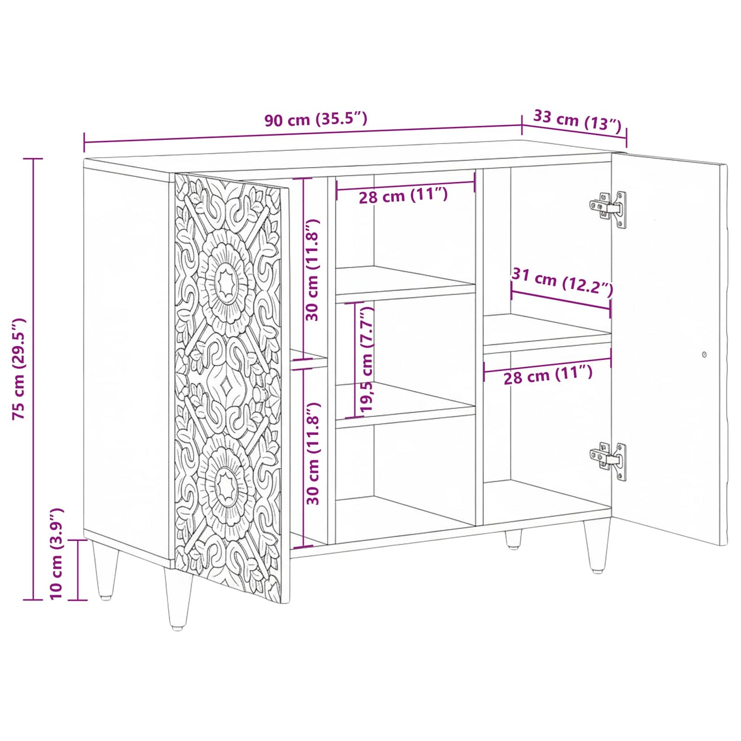 Credenza Marrone 90 x 33,5 x 75 cm Legno di mango massello