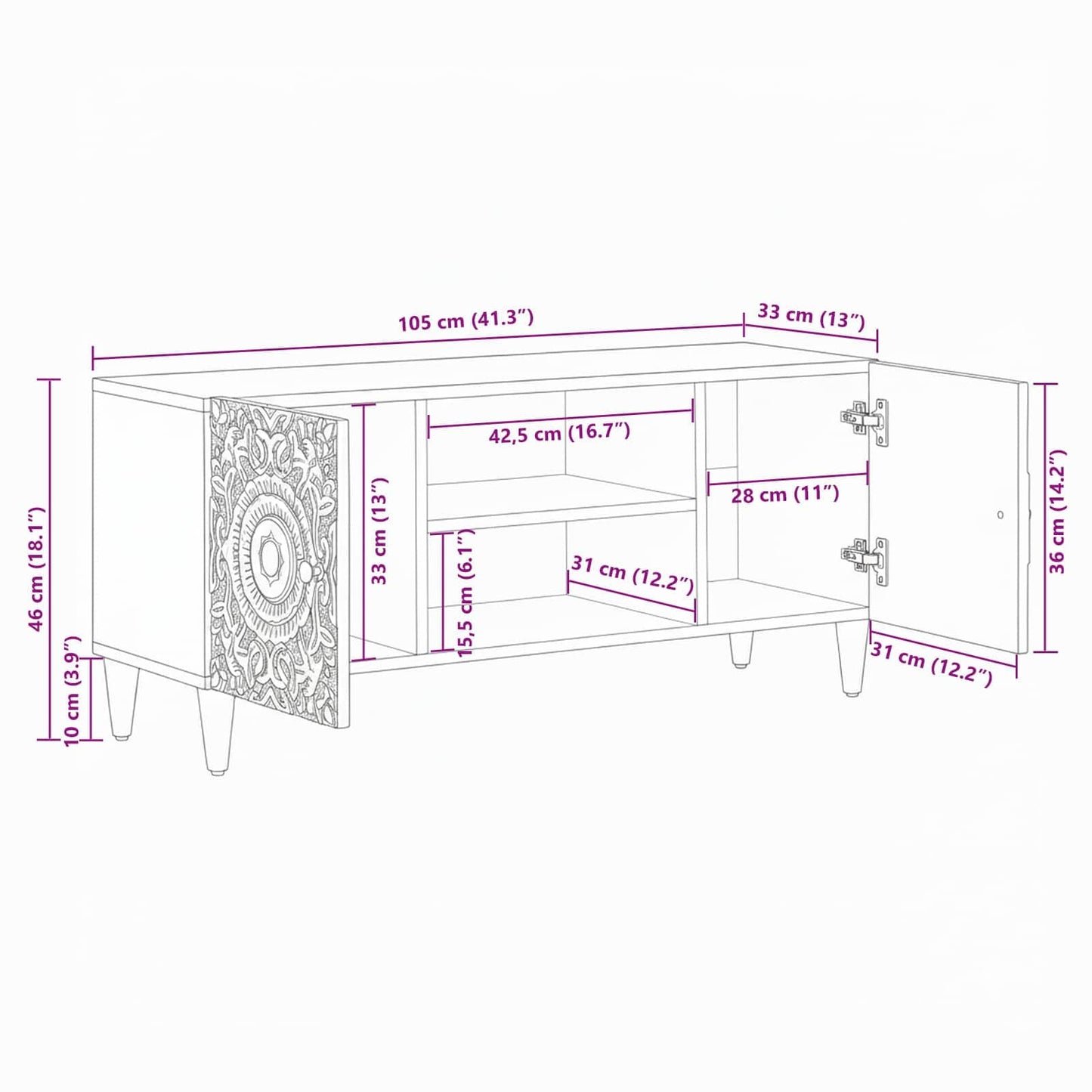 Mobile TV Bianco 105 x 33,5 x 46 cm Legno di mango massello | homemem39