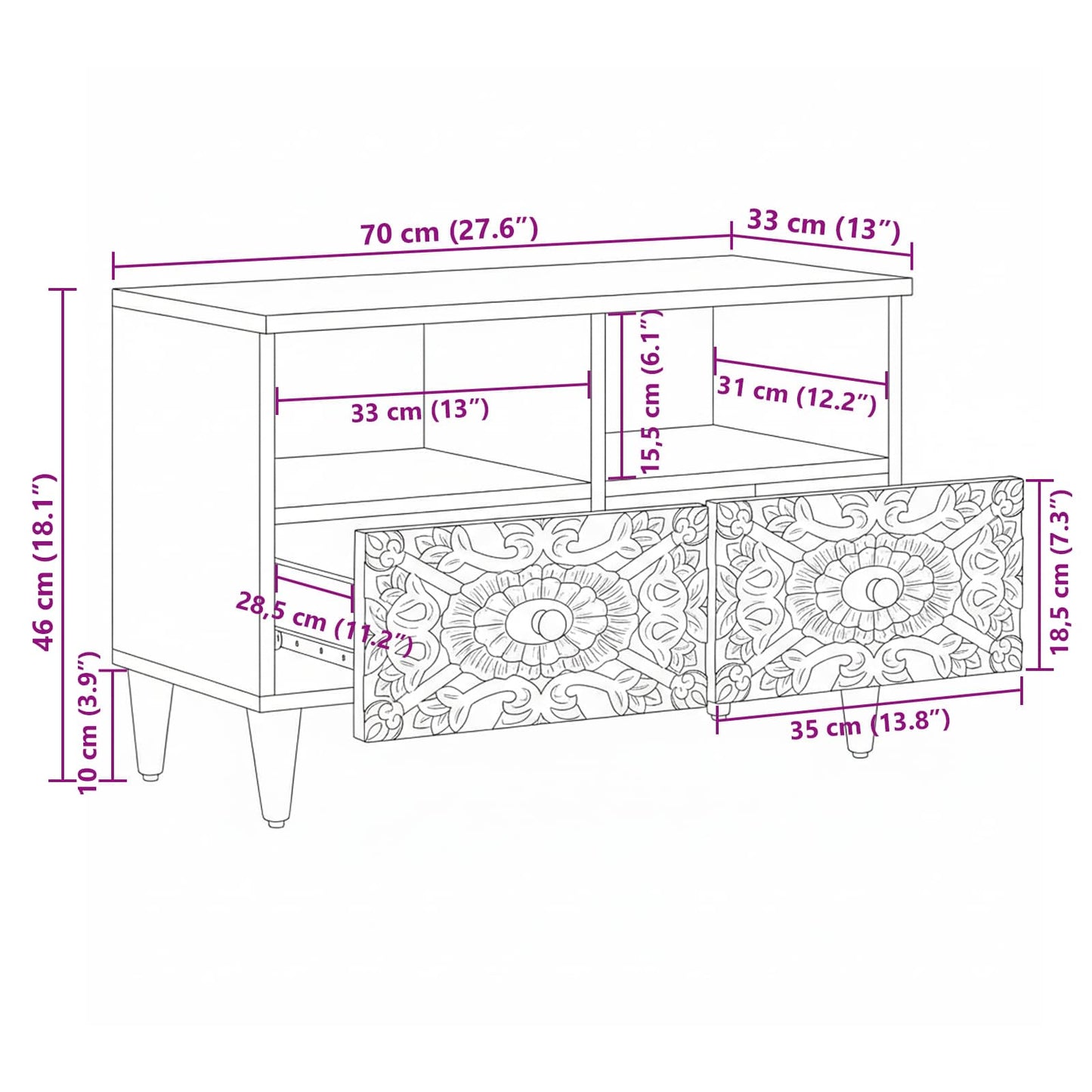 Mobile TV Bianco 70 x 33,5 x 46 cm Legno di mango massello
