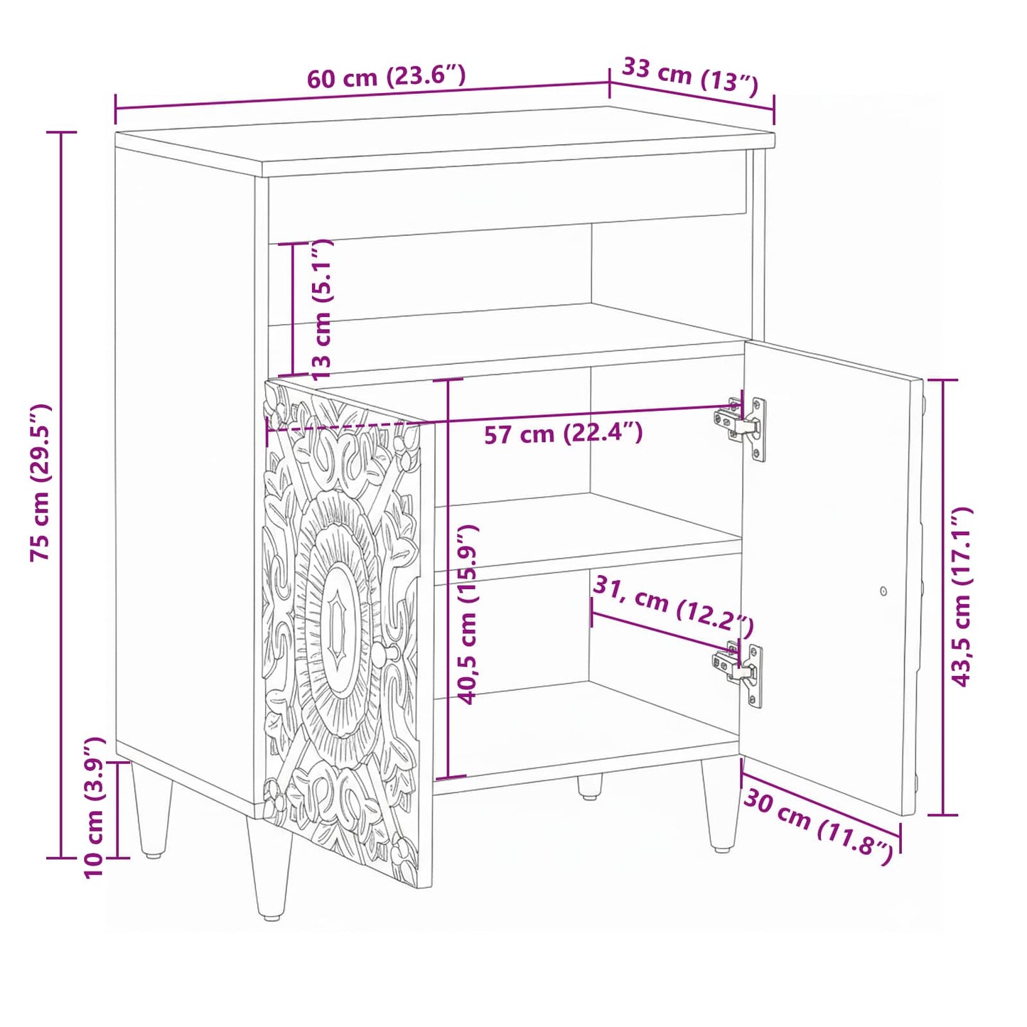 Credenza Bianco 60 x 33,5 x 75 cm Legno di mango massello