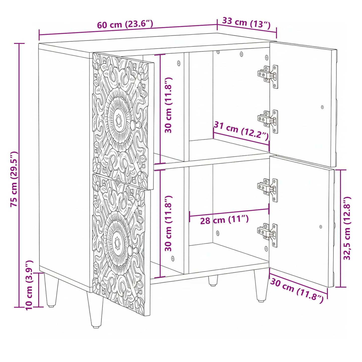 Credenza Bianco 60 x 33,5 x 75 cm Legno di mango massello