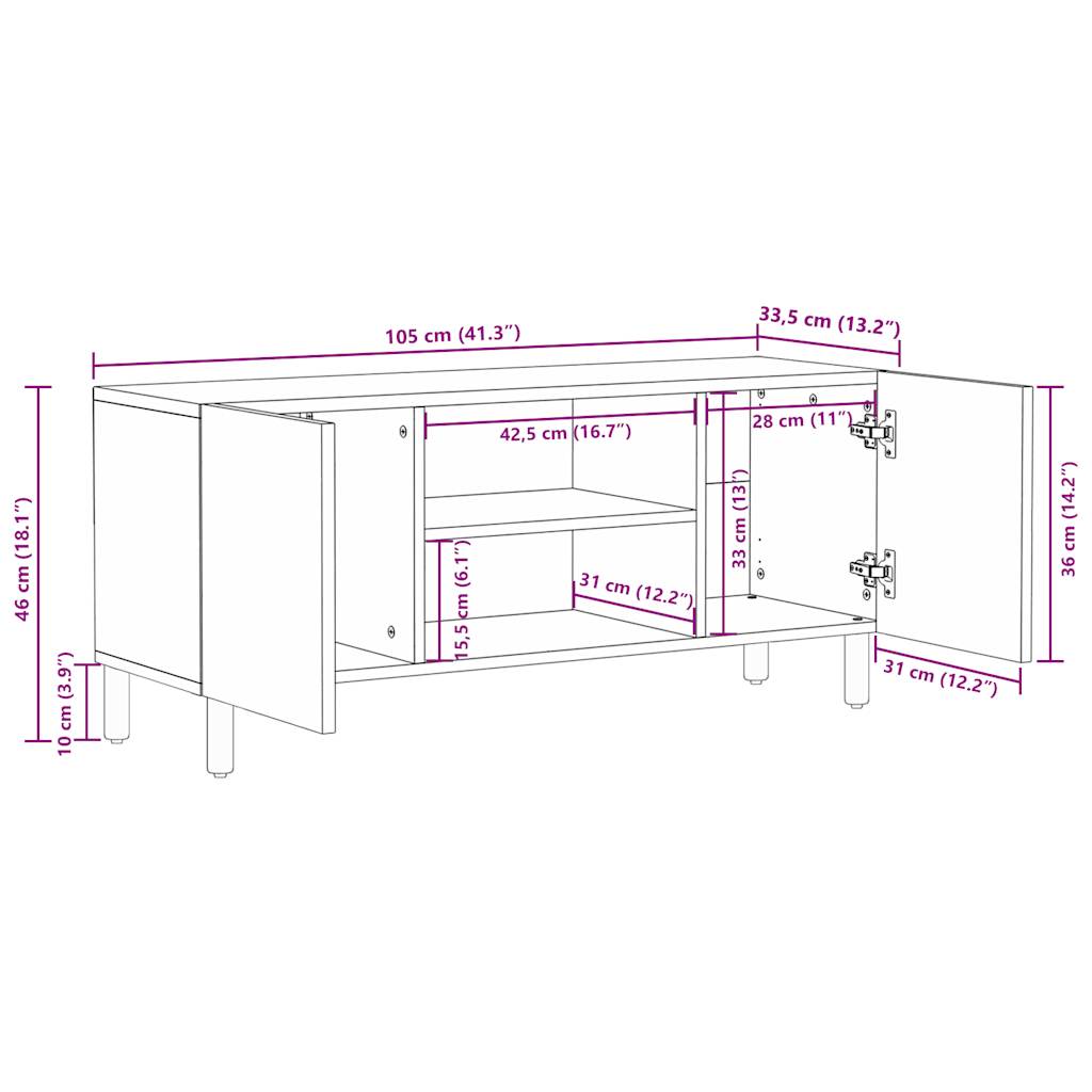 Mobile Porta TV Nero 105x33,5x46 cm Legno Massello Mango Grezzo - homemem39