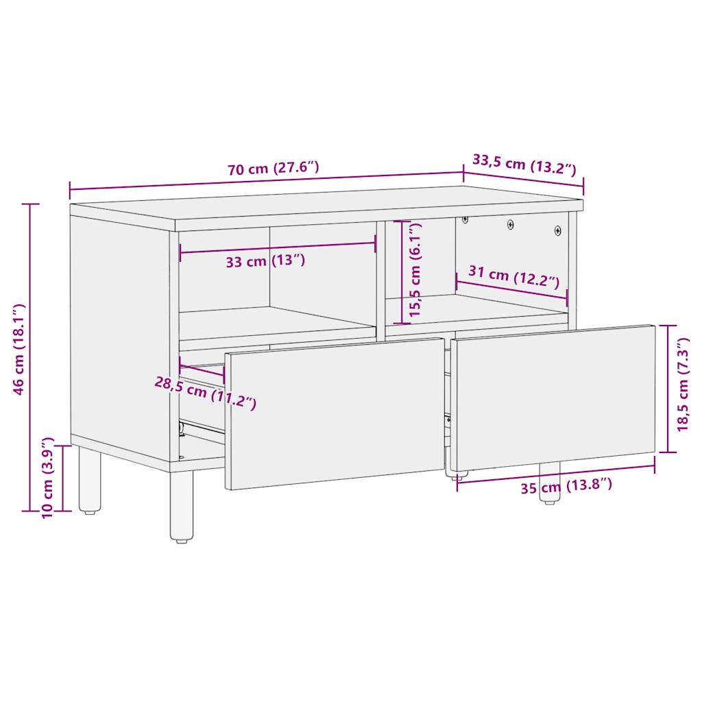Mobile Porta TV Nero 70x33,5x46 cm Legno Massello Mango Grezzo - homemem39