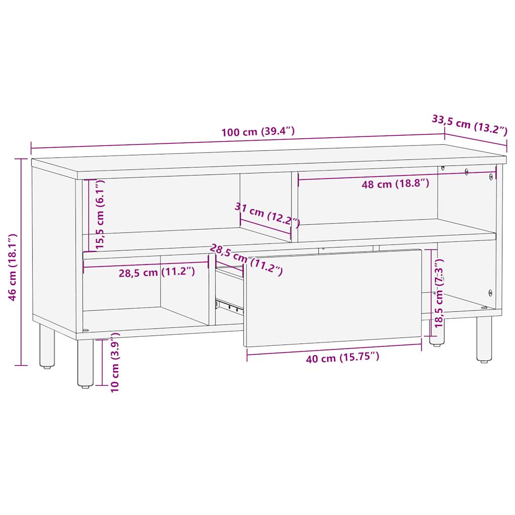 Mobile Porta TV Nero 100x33,5x46 cm Legno Massello Mango Grezzo - homemem39