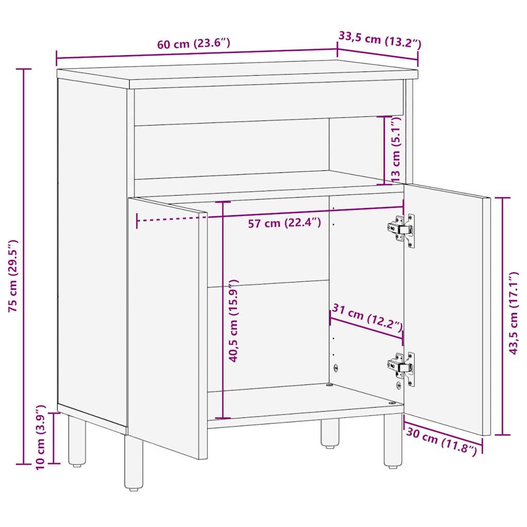 Credenza 60x33,5x75 cm in Legno Massello di Mango Grezzo
