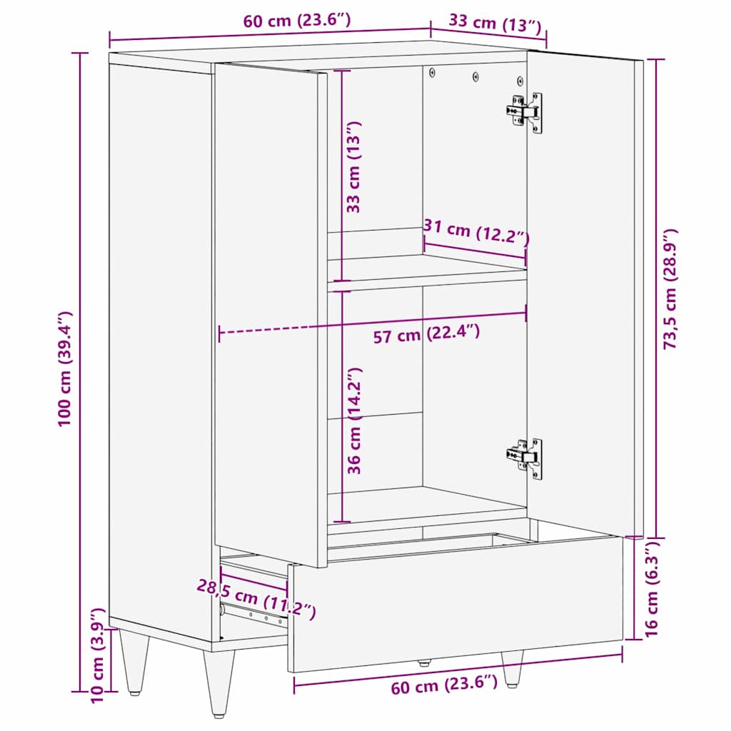 Credenza Marrone 60 x 33.5 x 100 cm Legno massello di mango