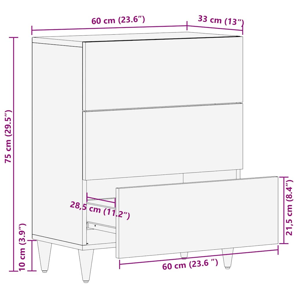 Credenza Nero 60 x 33 x 75 cm Legno di mango massello