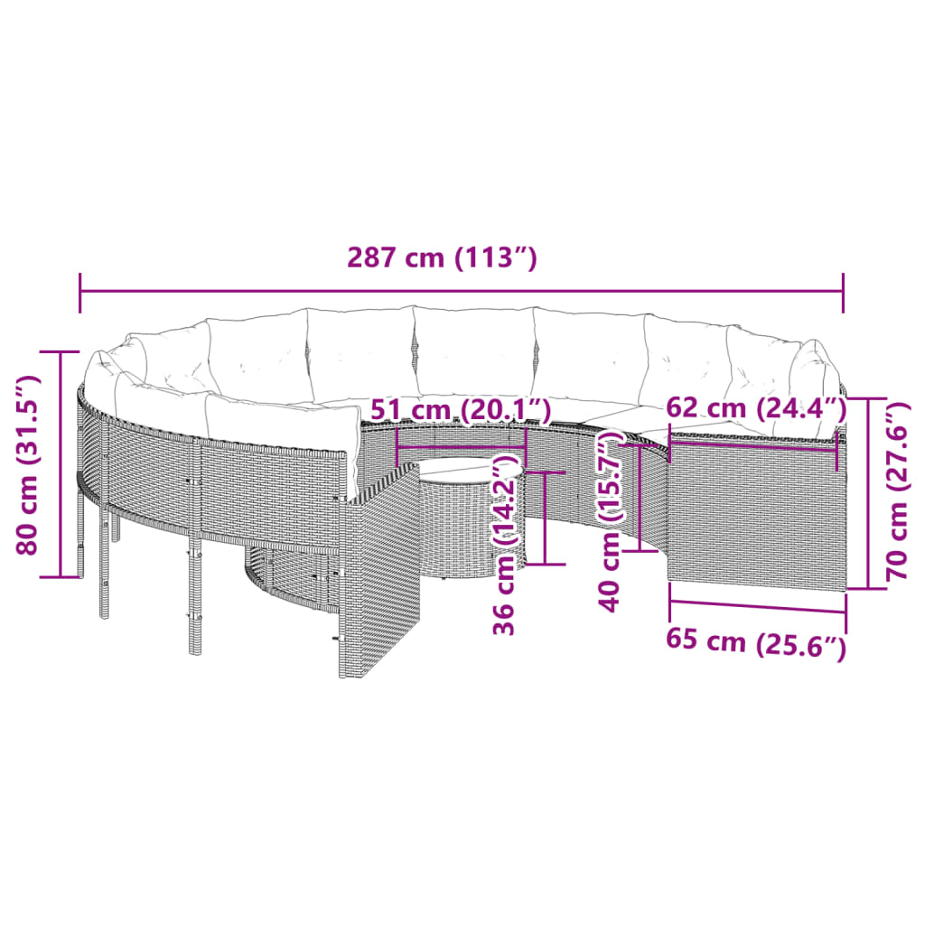 Divano da Giardino Tavolo e Cuscini Circolare Grigio Polyrattan | homemem39