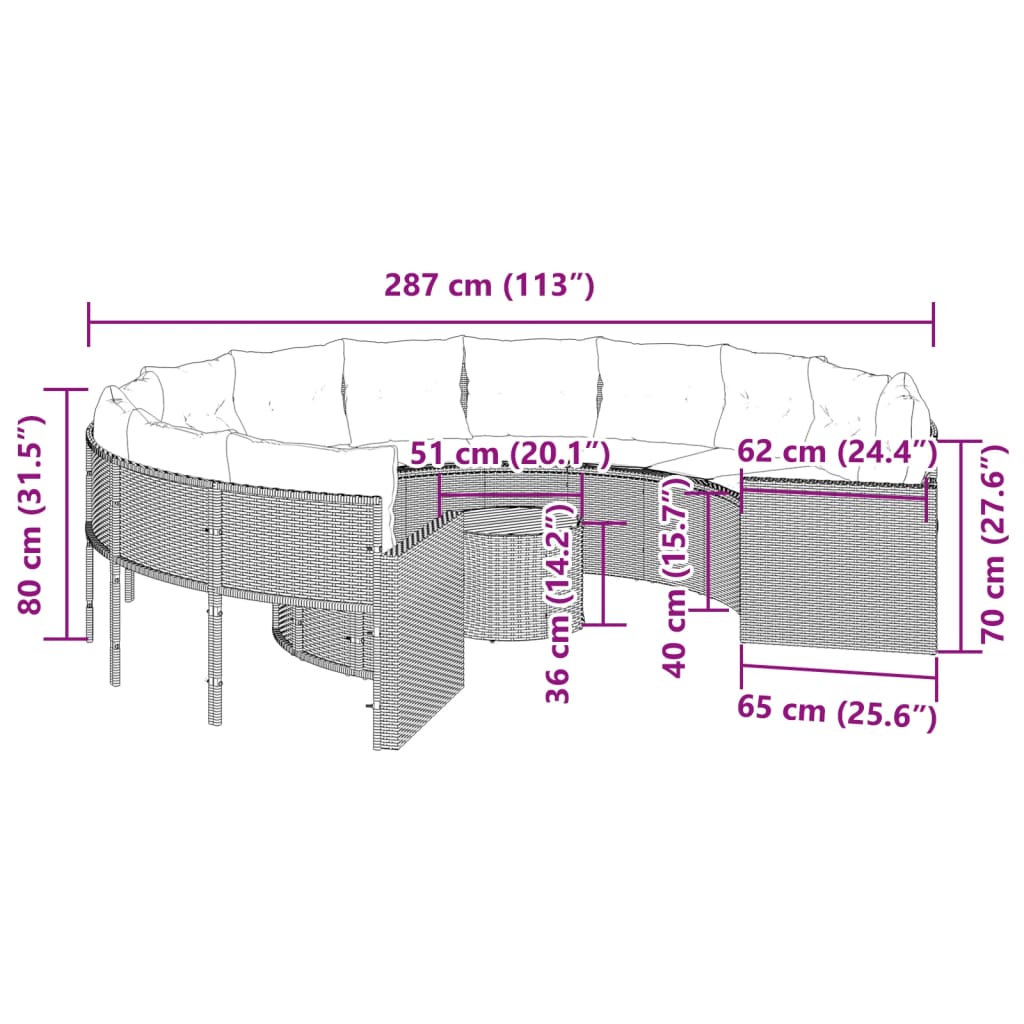 Divano Giardino con Tavolo e Cuscini Circolare Nero Polyrattan | homemem39