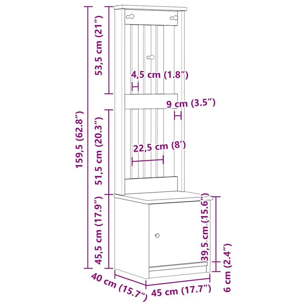 Albero da Ingresso SANDNES 45x40x159,5 cm in Legno di Pino
