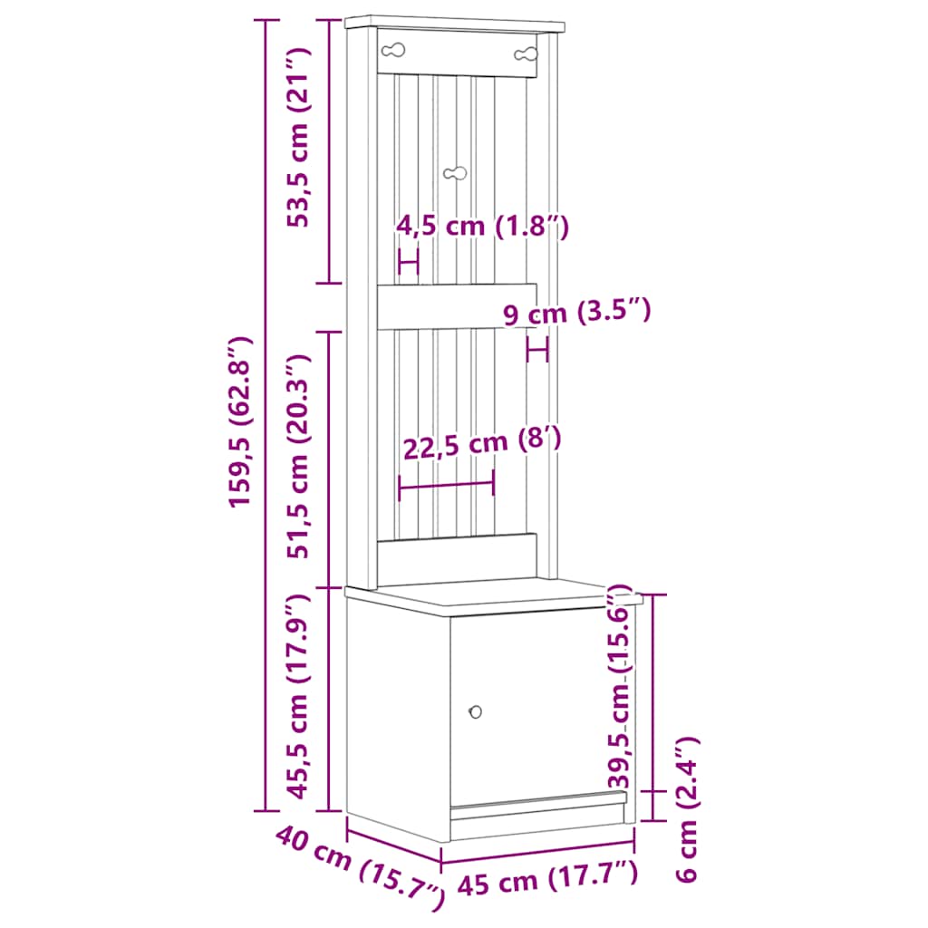 Albero da Ingresso SANDNES 45x40x159,5 cm in Legno di Pino