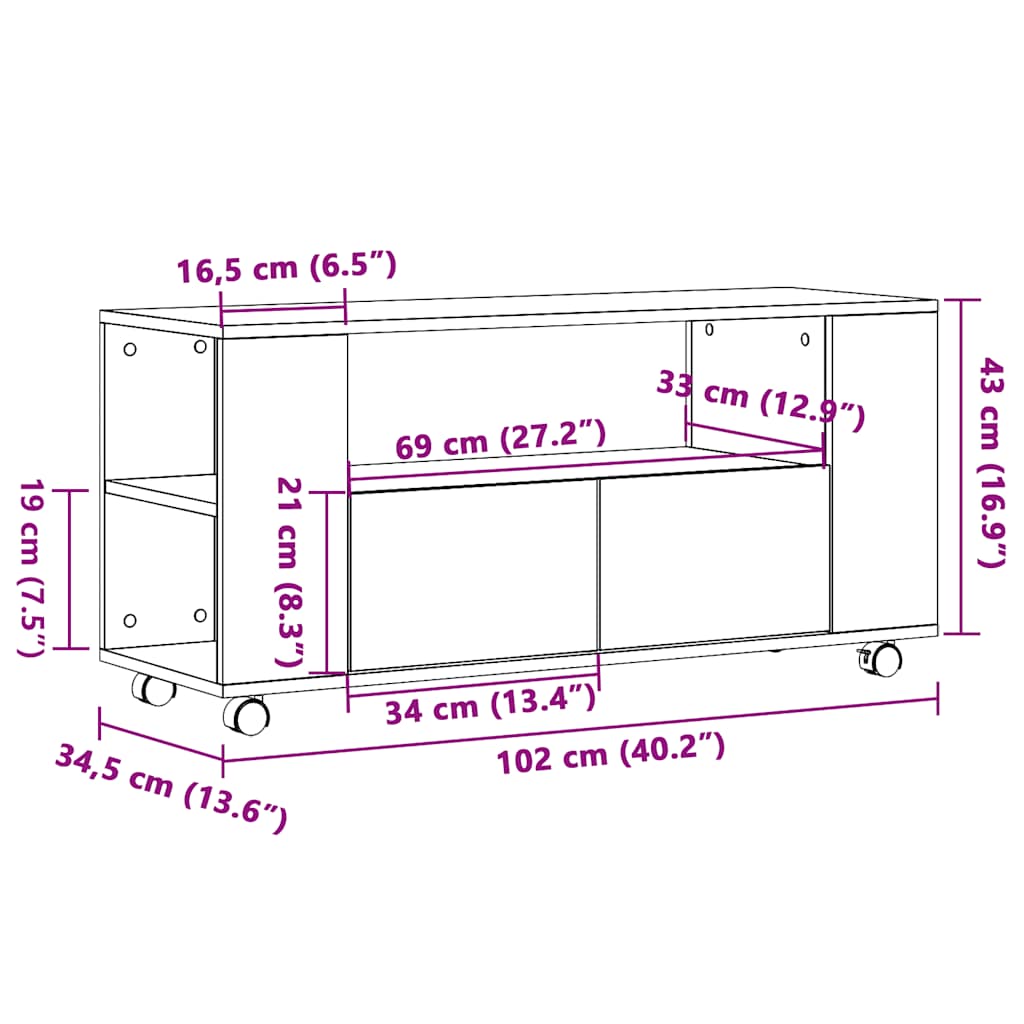 Mobile Porta TV con Ruote Artigianale 102x34,5x43 cm Truciolato | homemem39