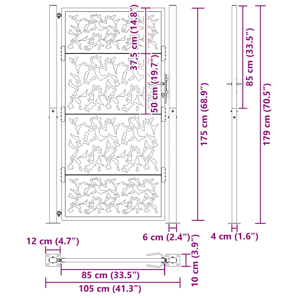 Cancello da giardino 100x175 cm in acciaio corten con design a foglia | homemem39