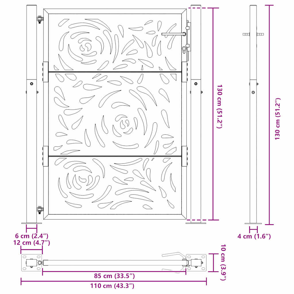 Cancello da giardino nero 100x125 cm in acciaio con design a fiamma | homemem39