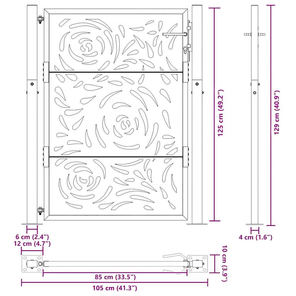 Cancello da giardino 100x125 cm in acciaio corten con design a fiamma | homemem39