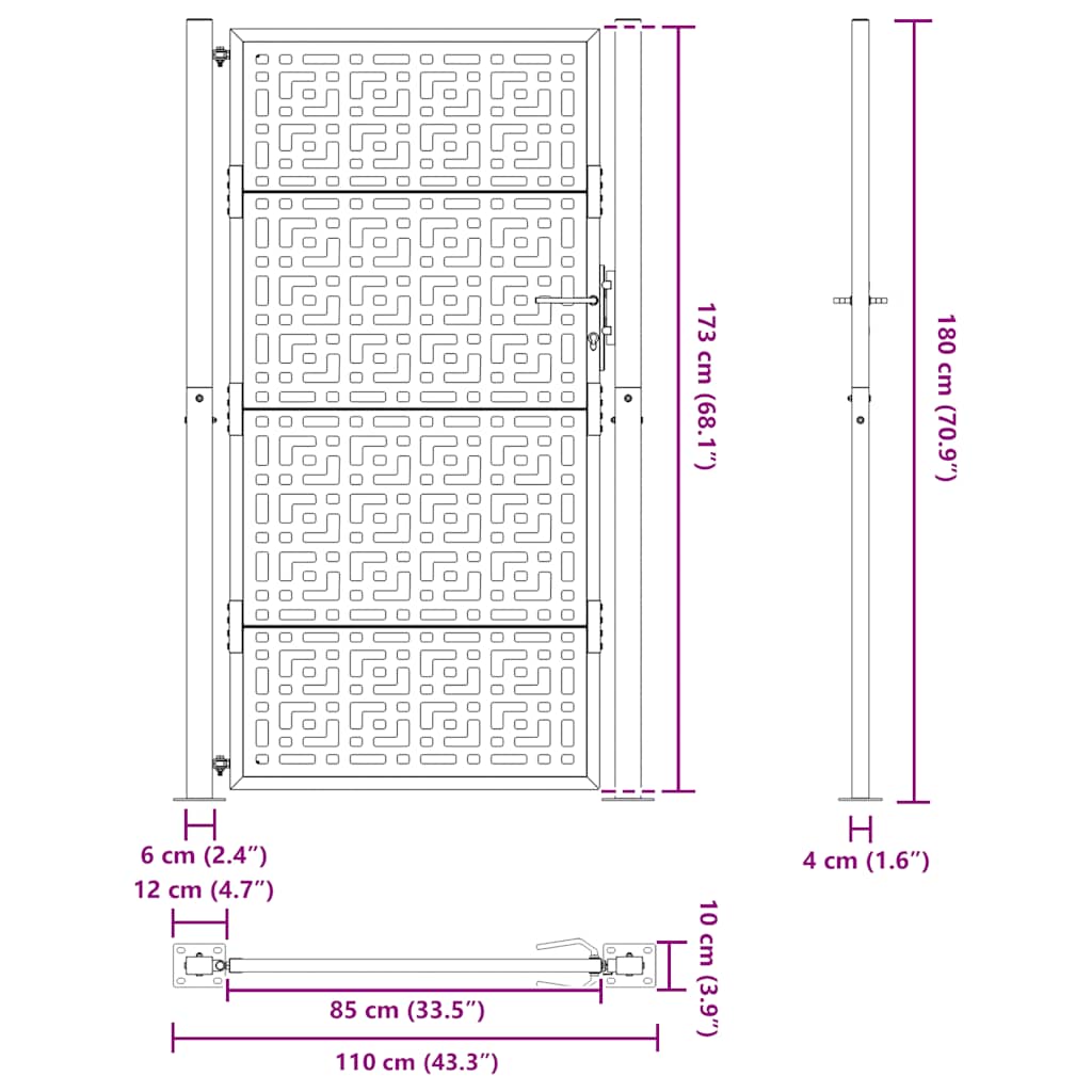 Cancello da giardino nero 100x175 cm in acciaio con design a croce | homemem39