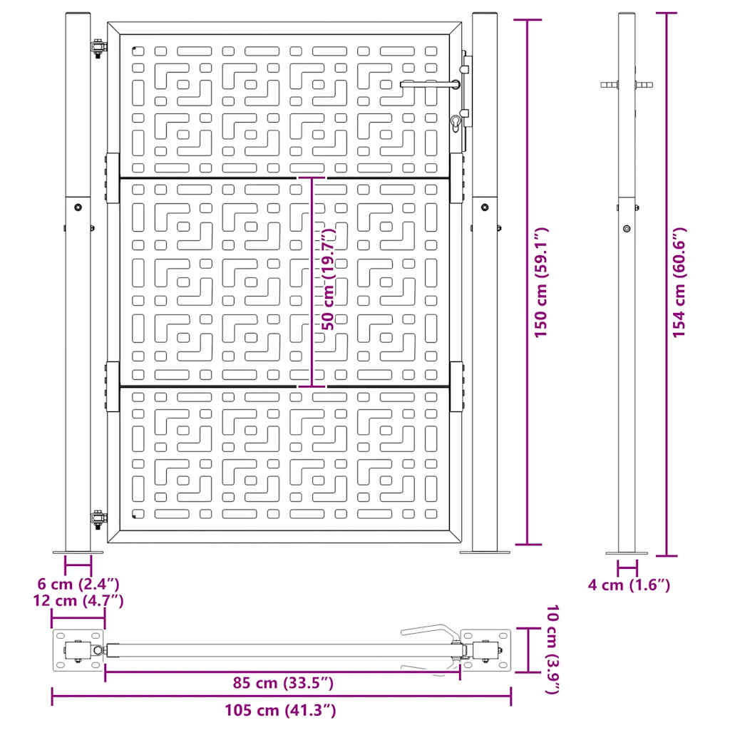 Cancello da giardino 100x150 cm in acciaio corten con design a croce | homemem39
