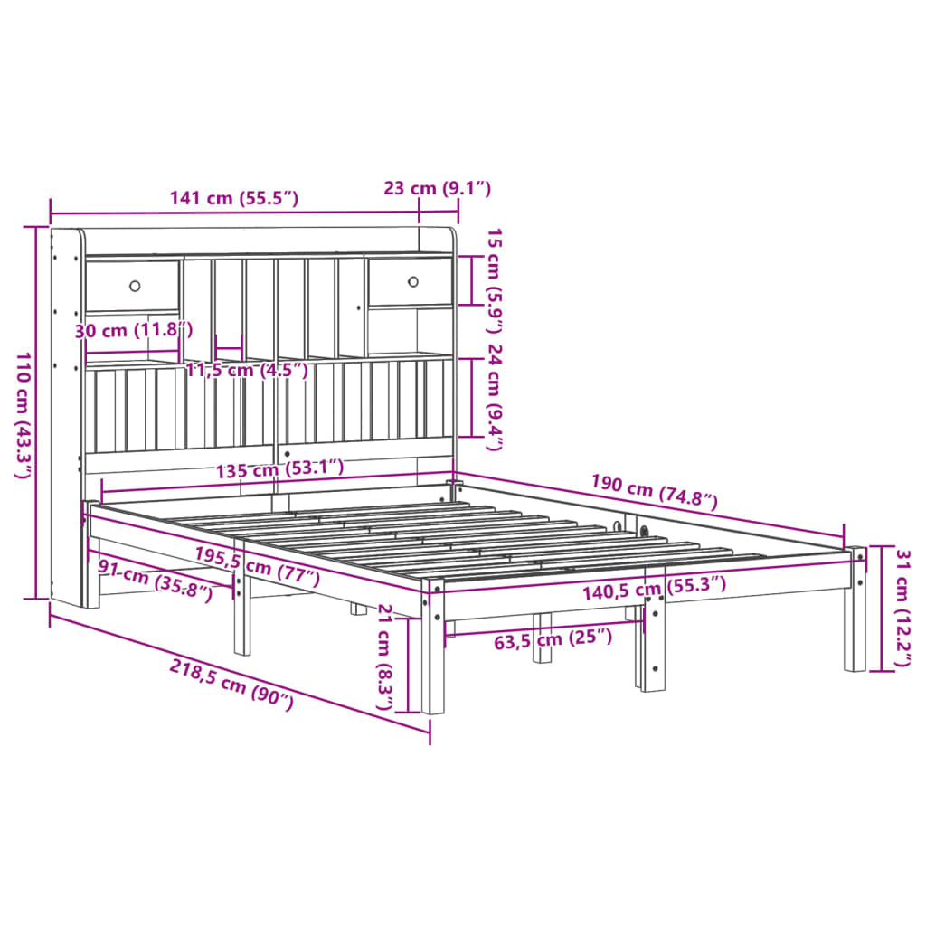 Letto Libreria senza Materasso 135x190 cm in Legno di Pino | homemem39
