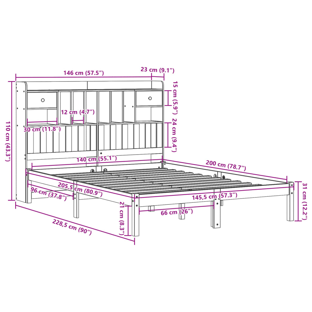 Letto Libreria senza Materasso 140x200 cm in Legno di Pino | homemem39