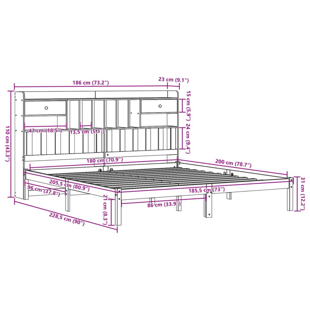 Giroletto con Libreria senza Materasso 180x200 cm in Legno Pino | homemem39