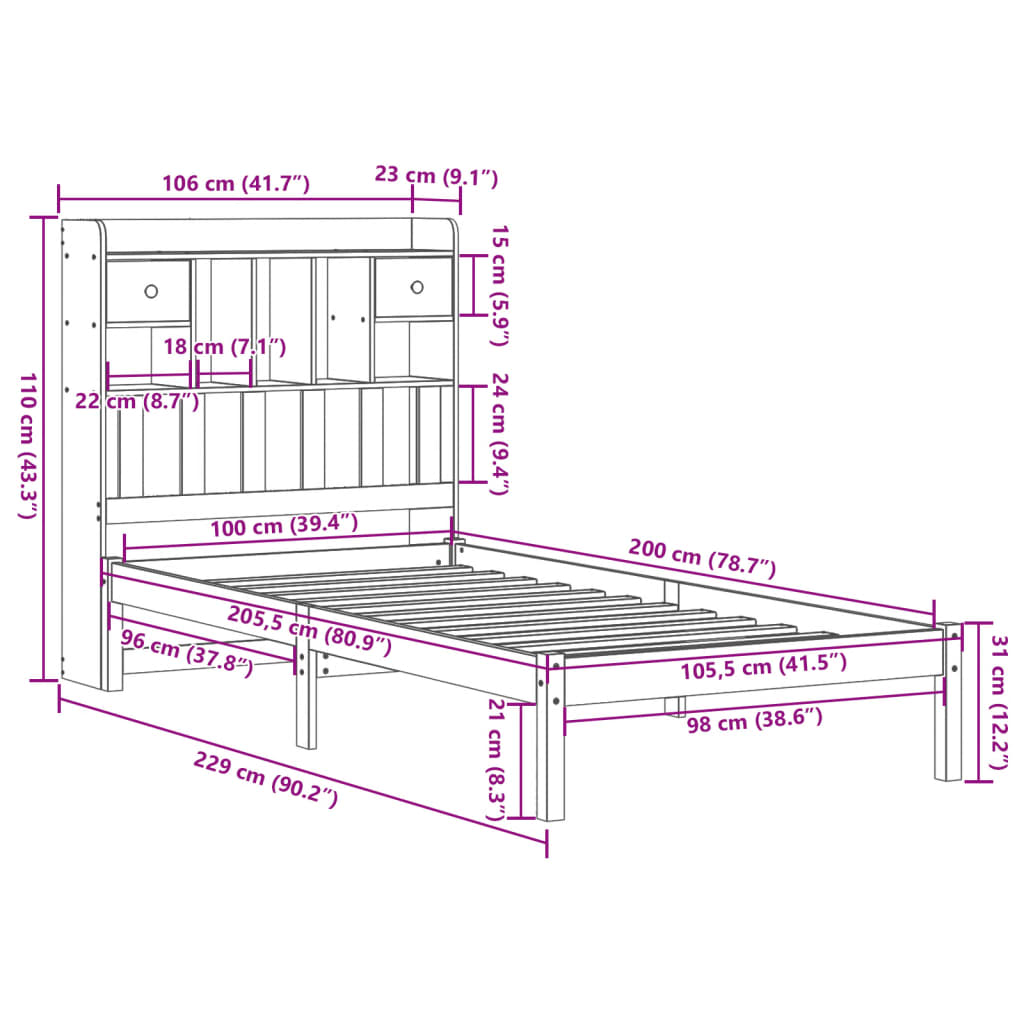 Letto Libreria senza Materasso Marrone Cera 100x200 cm in Pino
