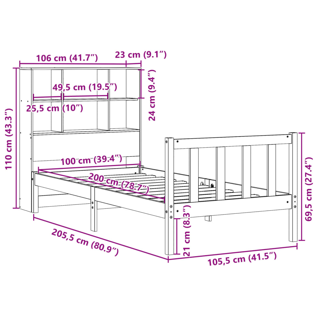 Letto Libreria senza Materasso Marrone Cera 100x200 cm in Pino | homemem39