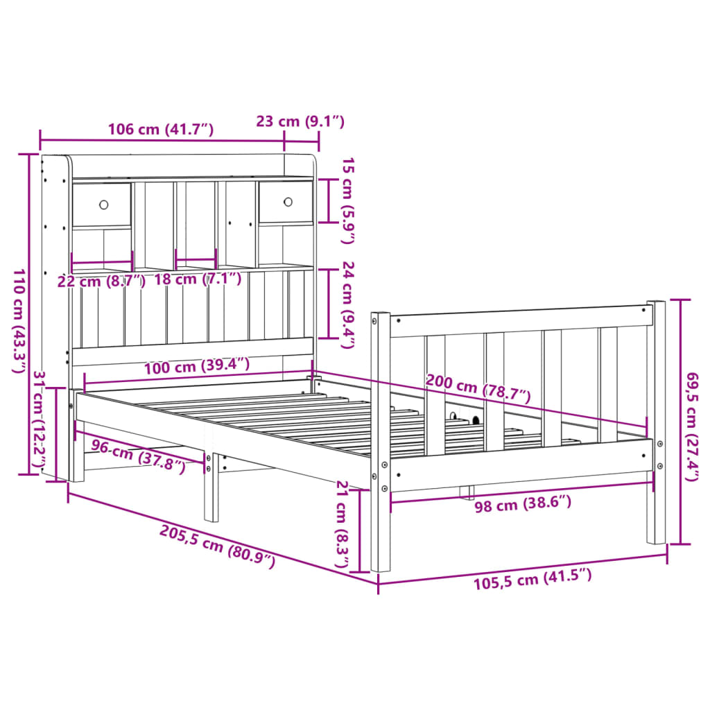 Letto Libreria senza Materasso Marrone Cera 100x200 cm in Pino | homemem39