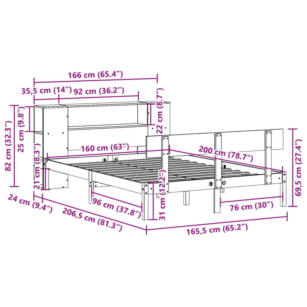 Letto Libreria senza Materasso Bianco 160x200 cm Legno di Pino | homemem39