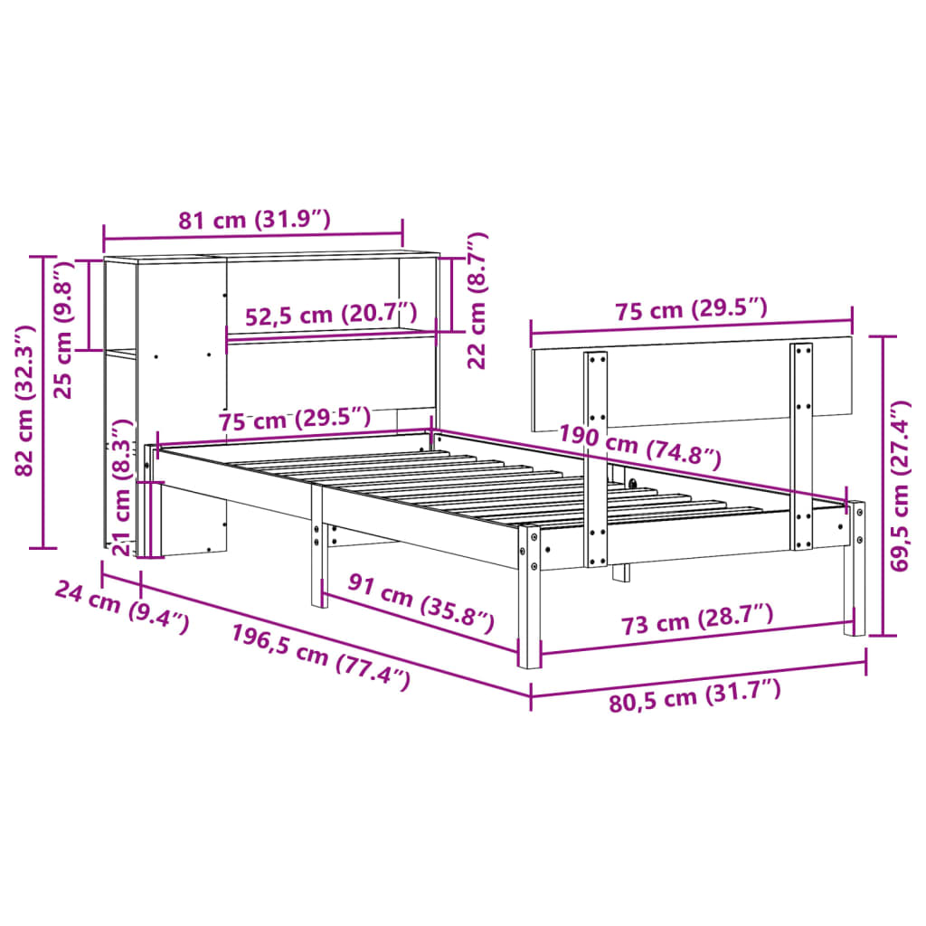 Letto con Libreria senza Materasso 75x190 cm in Legno Pino | homemem39