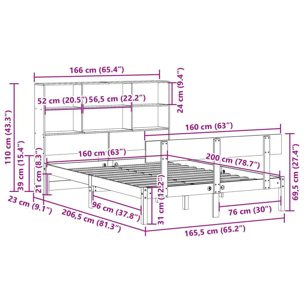 Letto Libreria senza Materasso Bianco 160x200 cm Legno di Pino | homemem39