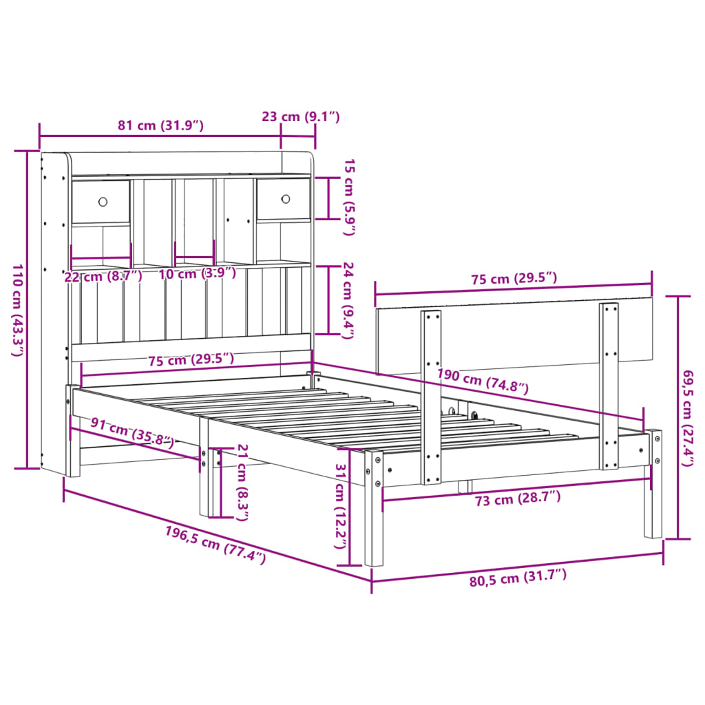Letto con Libreria senza Materasso 75x190 cm in Legno Pino | homemem39