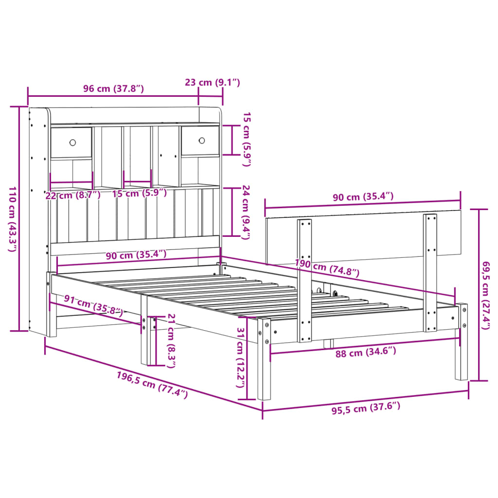 Letto Libreria senza Materasso Bianco 90x190 cm Massello Pino | homemem39