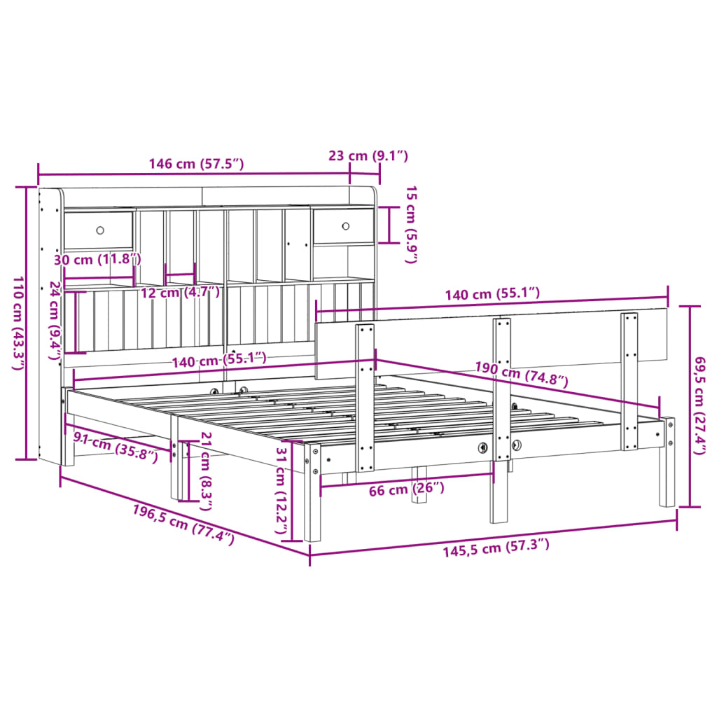 Letto Libreria senza Materasso Bianco 140x190 cm Legno di Pino | homemem39
