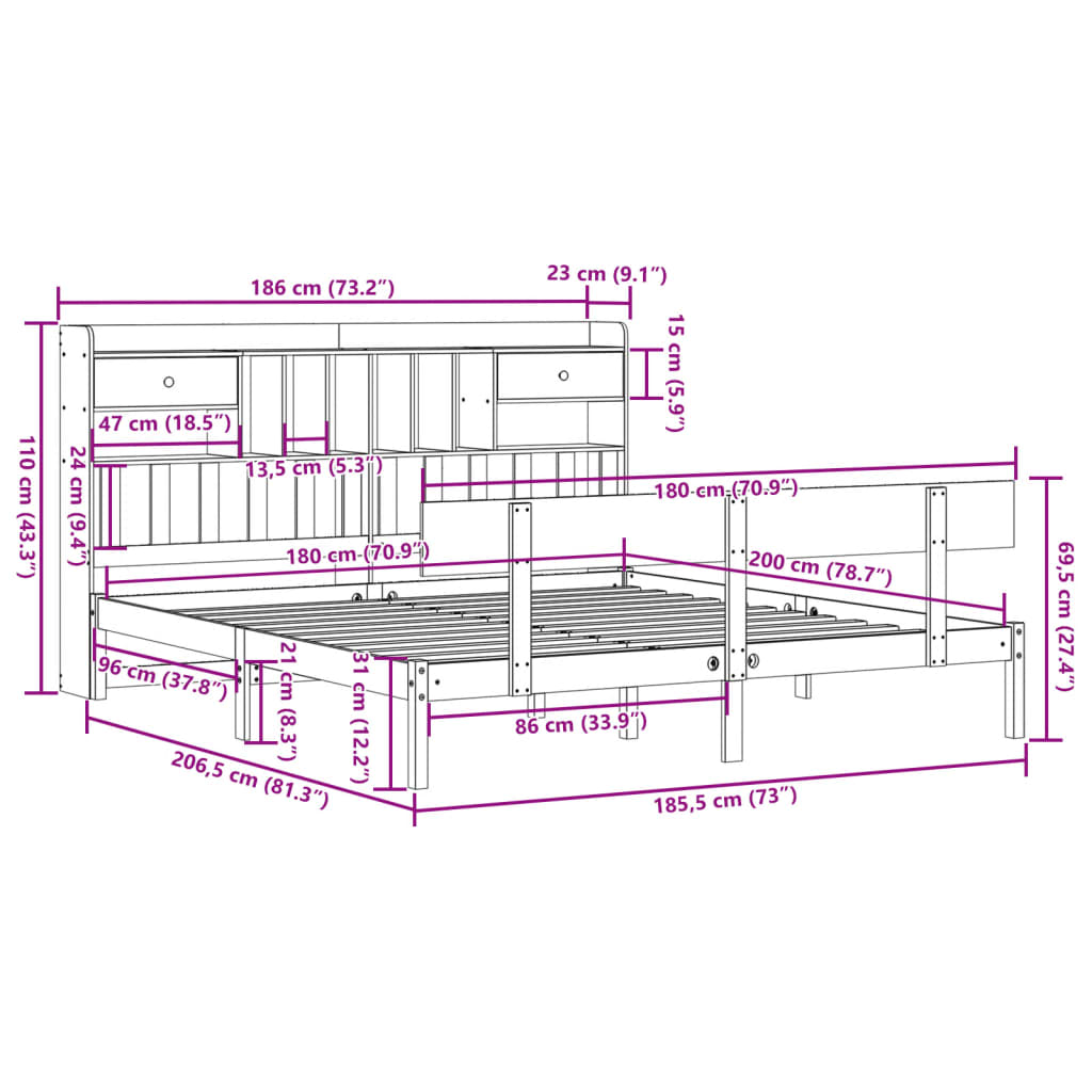 Giroletto con Libreria senza Materasso 180x200 cm in Legno Pino | homemem39