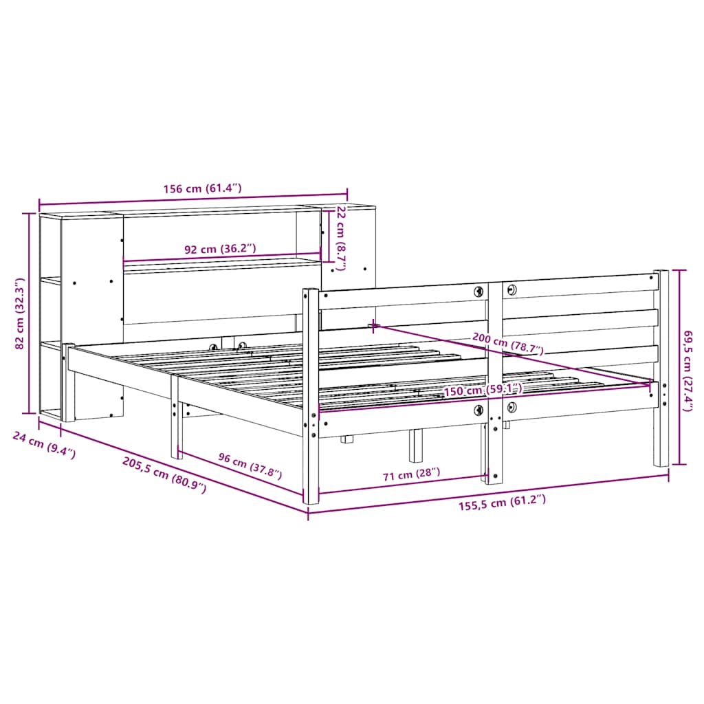 Letto Libreria senza Materasso Marrone Cera 150x200 cm in Pino | homemem39