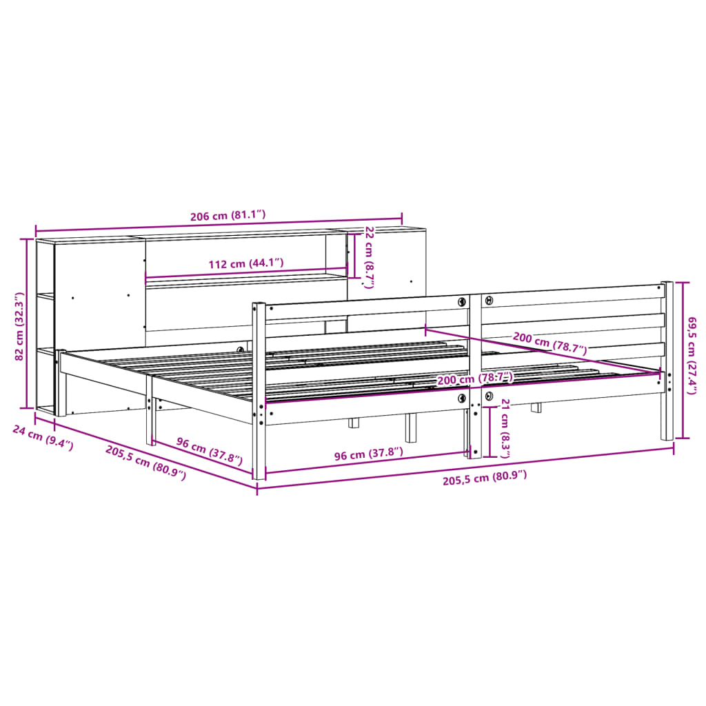 Letto Libreria senza Materasso Marrone Cera 200x200 cm in Pino | homemem39