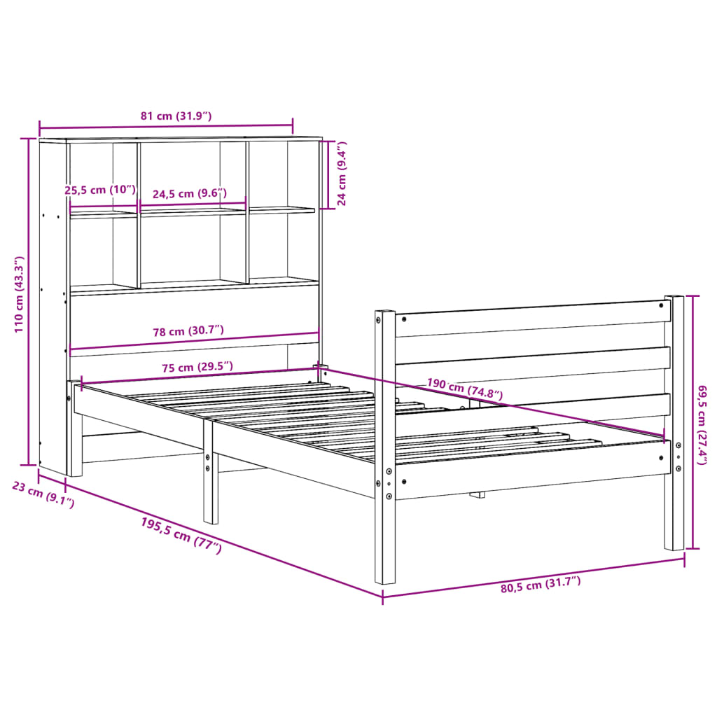 Letto Libreria senza Materasso Marrone Cera 75x190 cm Legno | homemem39