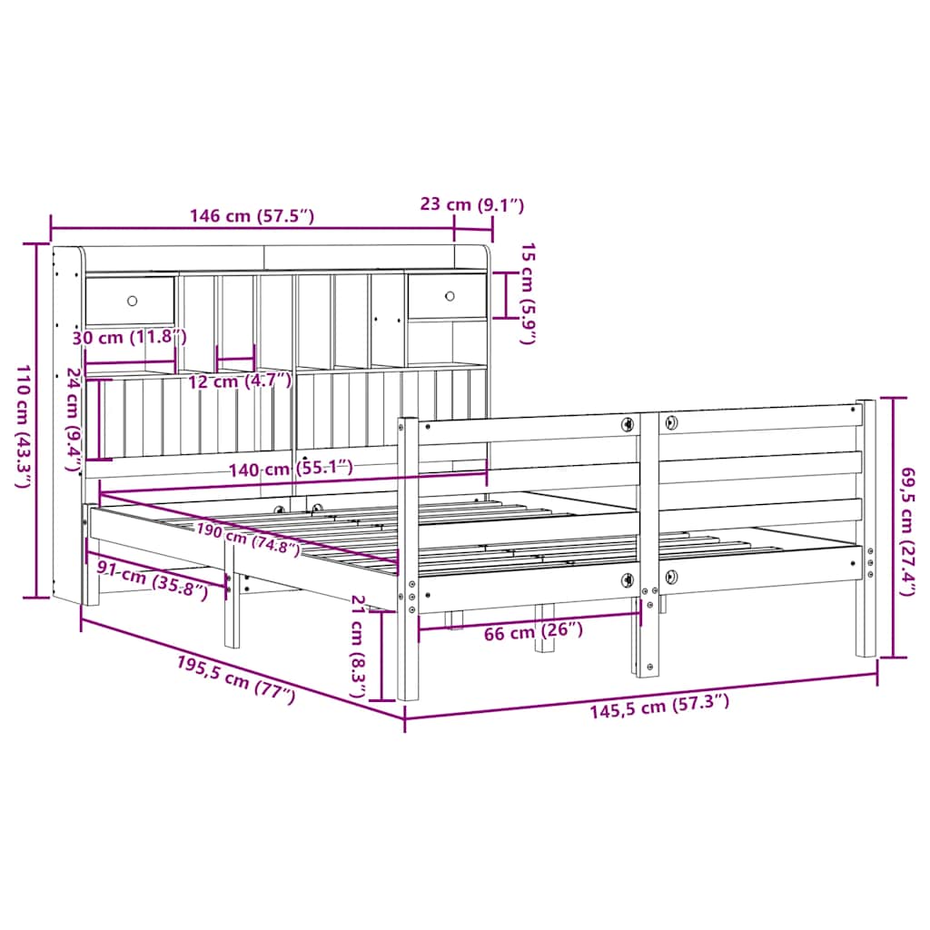 Letto Libreria senza Materasso Bianco 140x190 cm Legno di Pino - homemem39