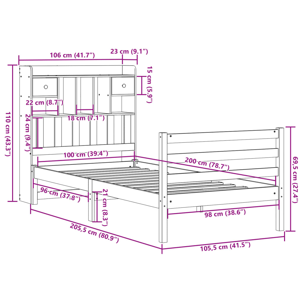 Letto Libreria senza Materasso 100x200 cm in Legno di Pino | homemem39
