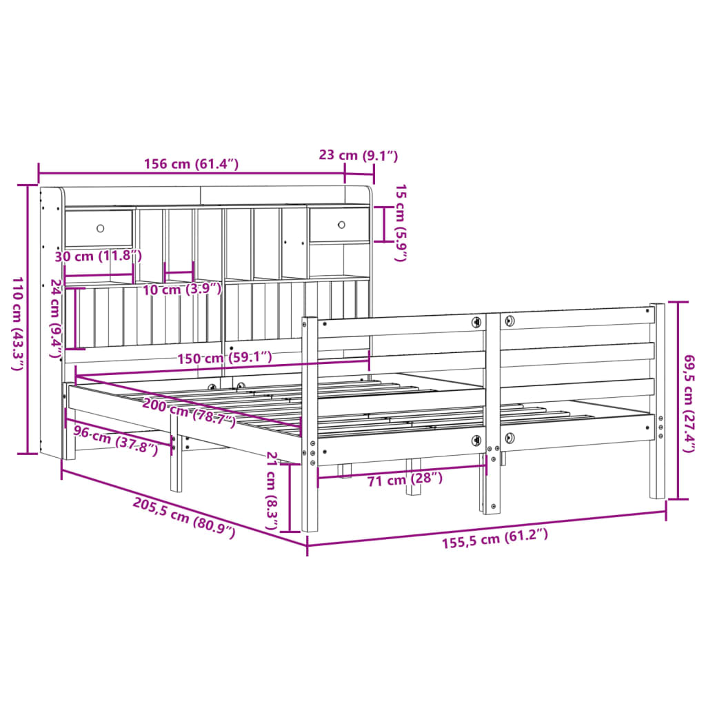 Letto Libreria senza Materasso Marrone Cera 150x200 cm in Pino | homemem39