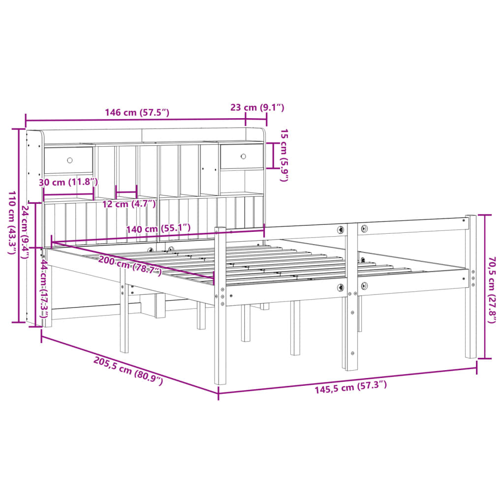 Letto Libreria senza Materasso Bianco 140x200 cm Legno di Pino | homemem39