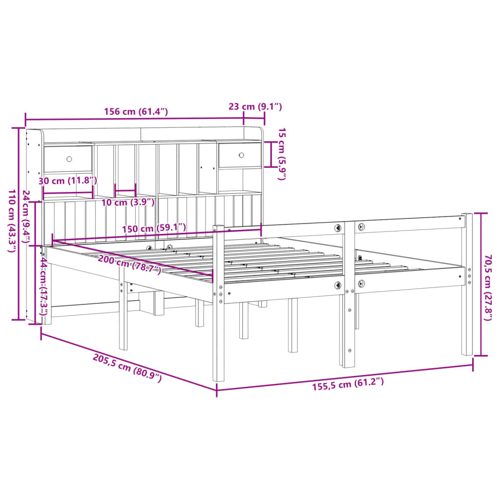 Letto Libreria senza Materasso Bianco 150x200 cm Legno di Pino | homemem39